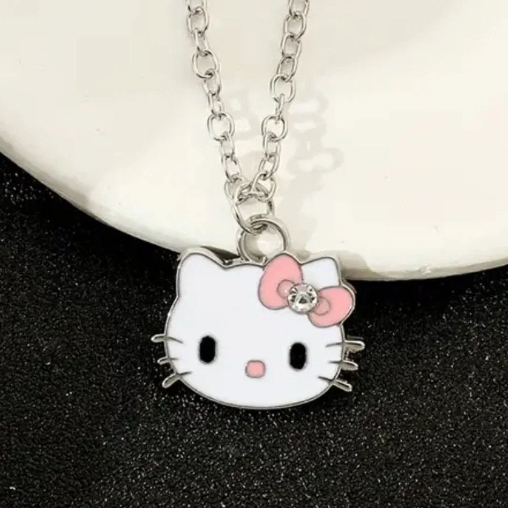White Hello Kitty with Pink Bow Silver Necklace